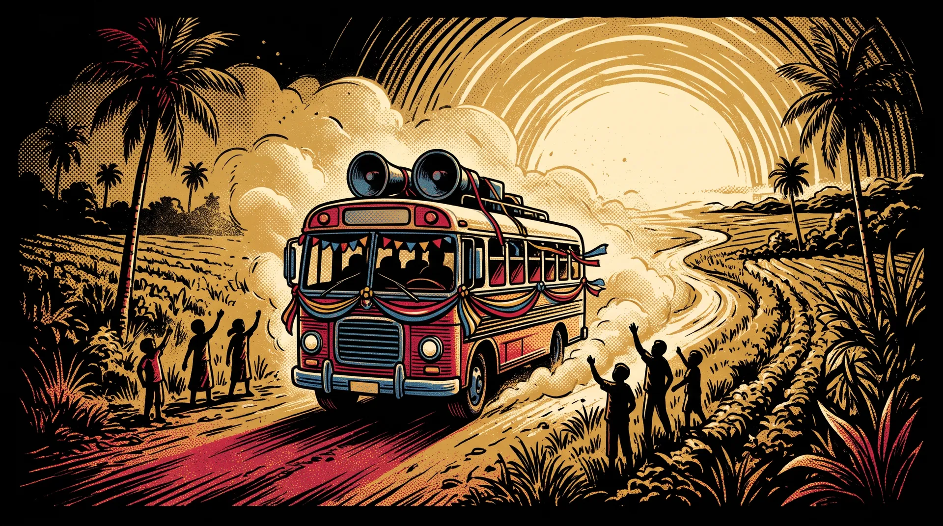 Gravura de um ônibus de caravana em estrada de terra entre palmeiras, com pessoas acenando e sol dourado.