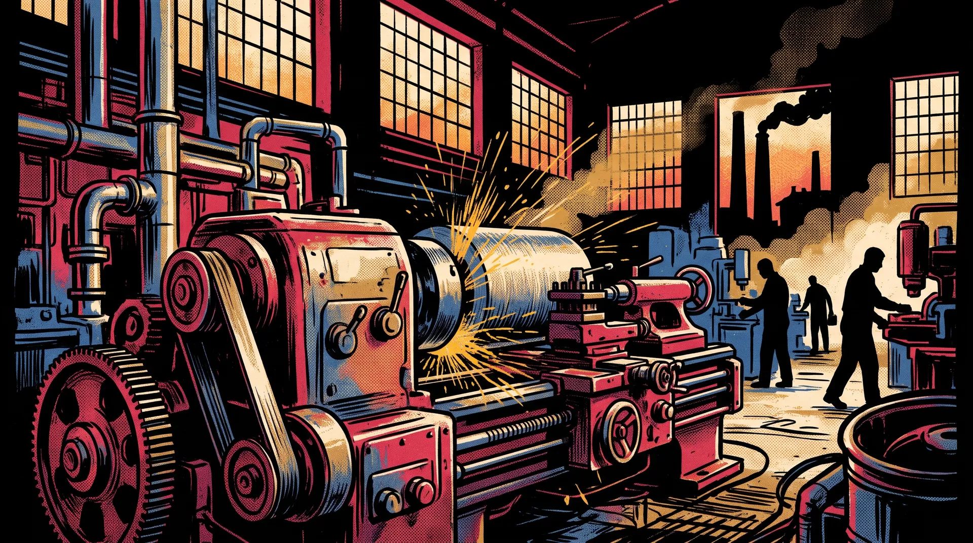 Gravura do interior de uma fábrica metalúrgica, com um grande torno mecânico, fagulhas douradas e chaminés ao fundo.