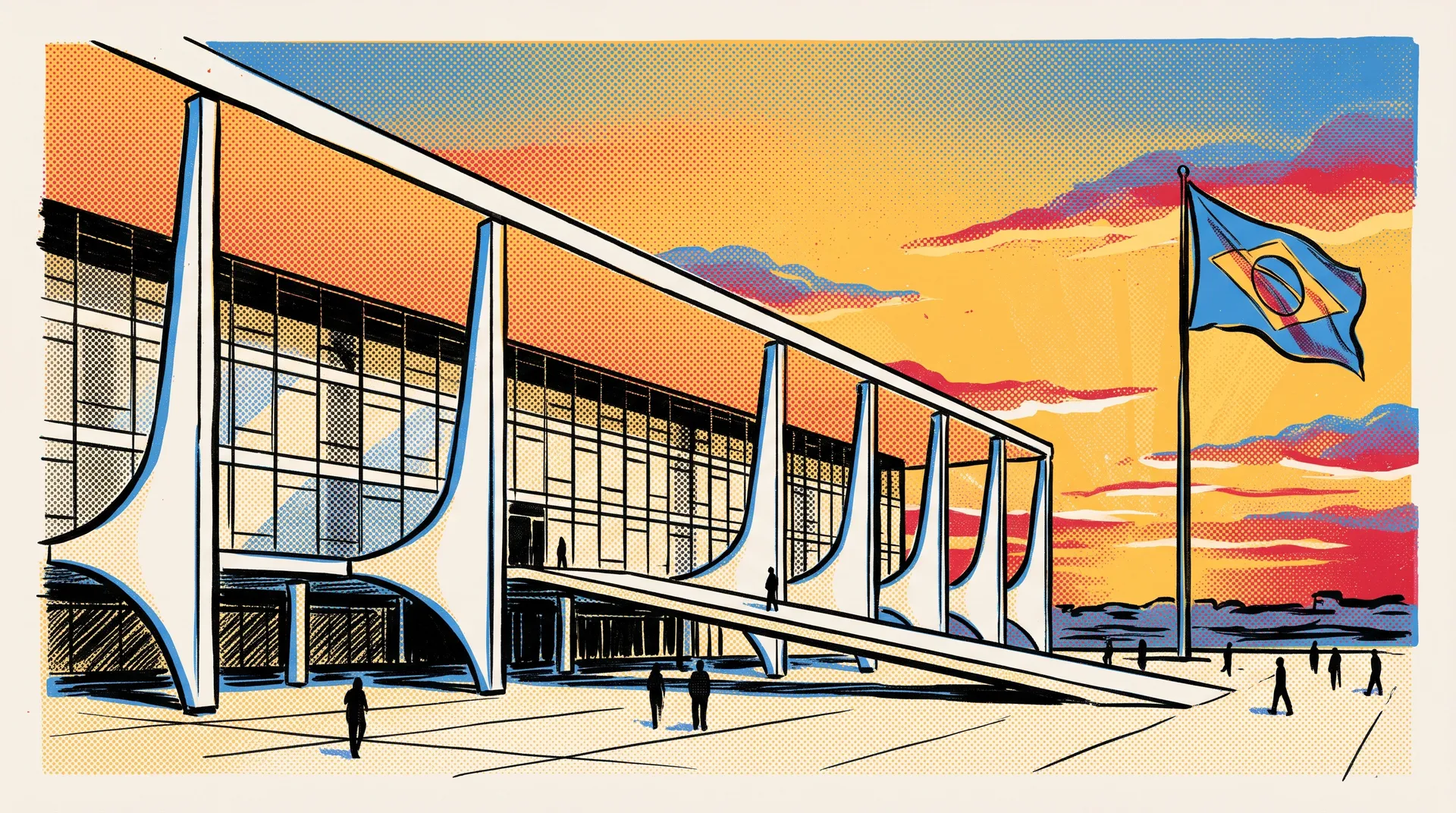 Gravura do Palácio do Planalto e da rampa, em Brasília, com a bandeira do Brasil e o Congresso ao fundo.