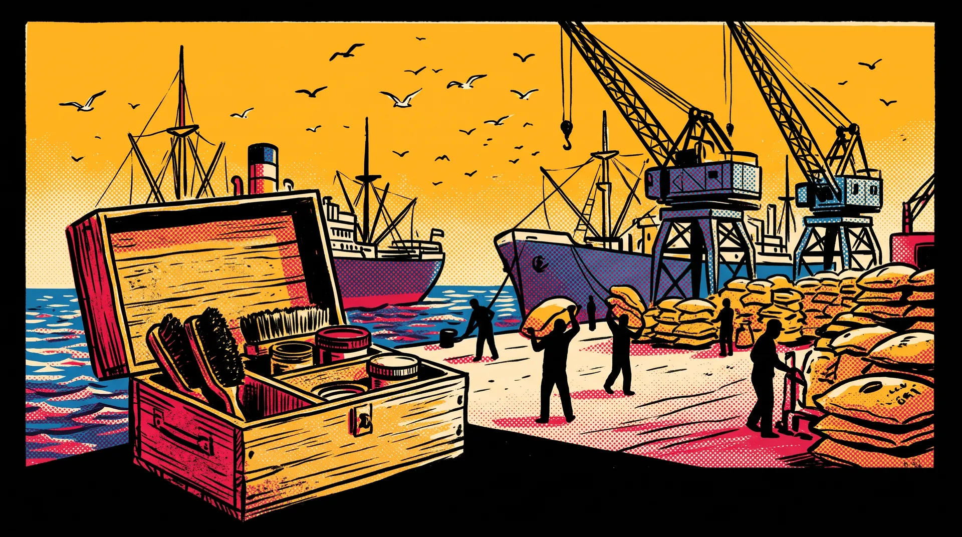 Gravura do cais do porto de Santos nos anos 1950, com guindastes, navios, sacas de café e uma caixa de engraxate.